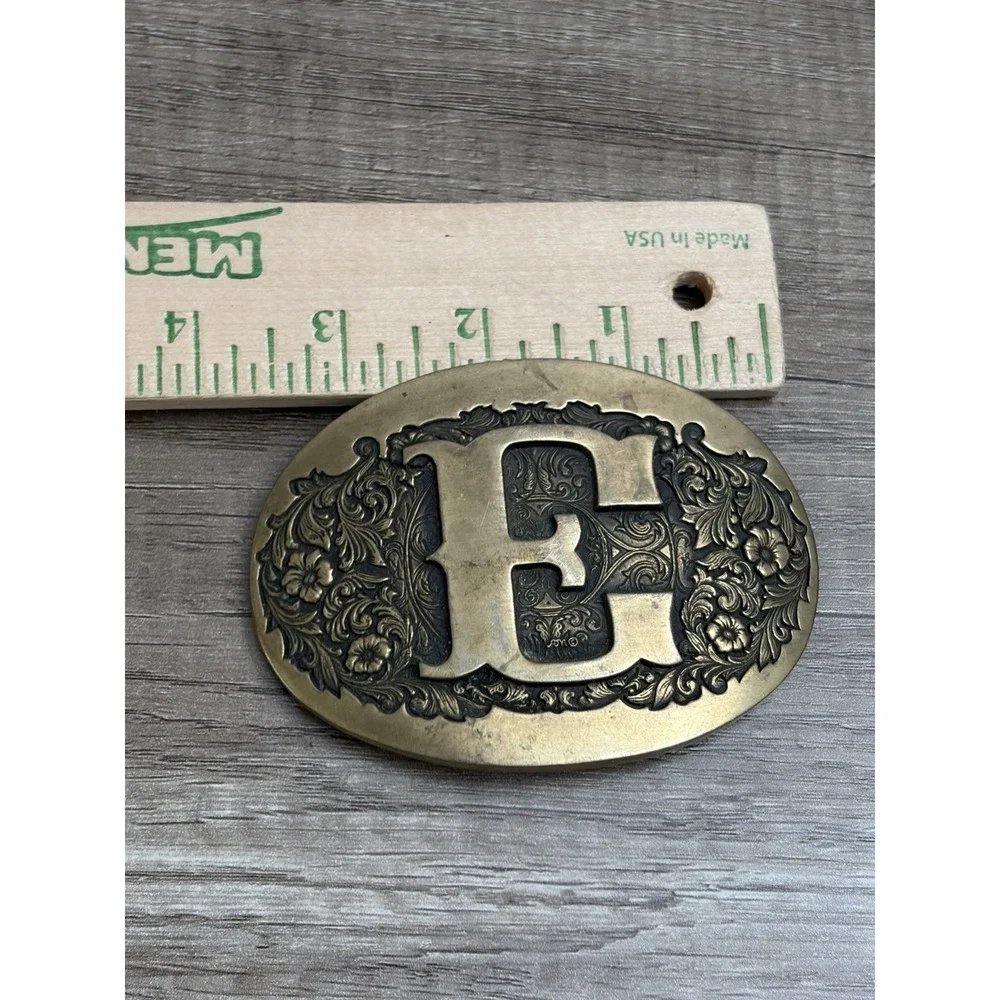 Vintage 1970's Belt Buckle Award Design Medals Letter E Logo Solid Brass